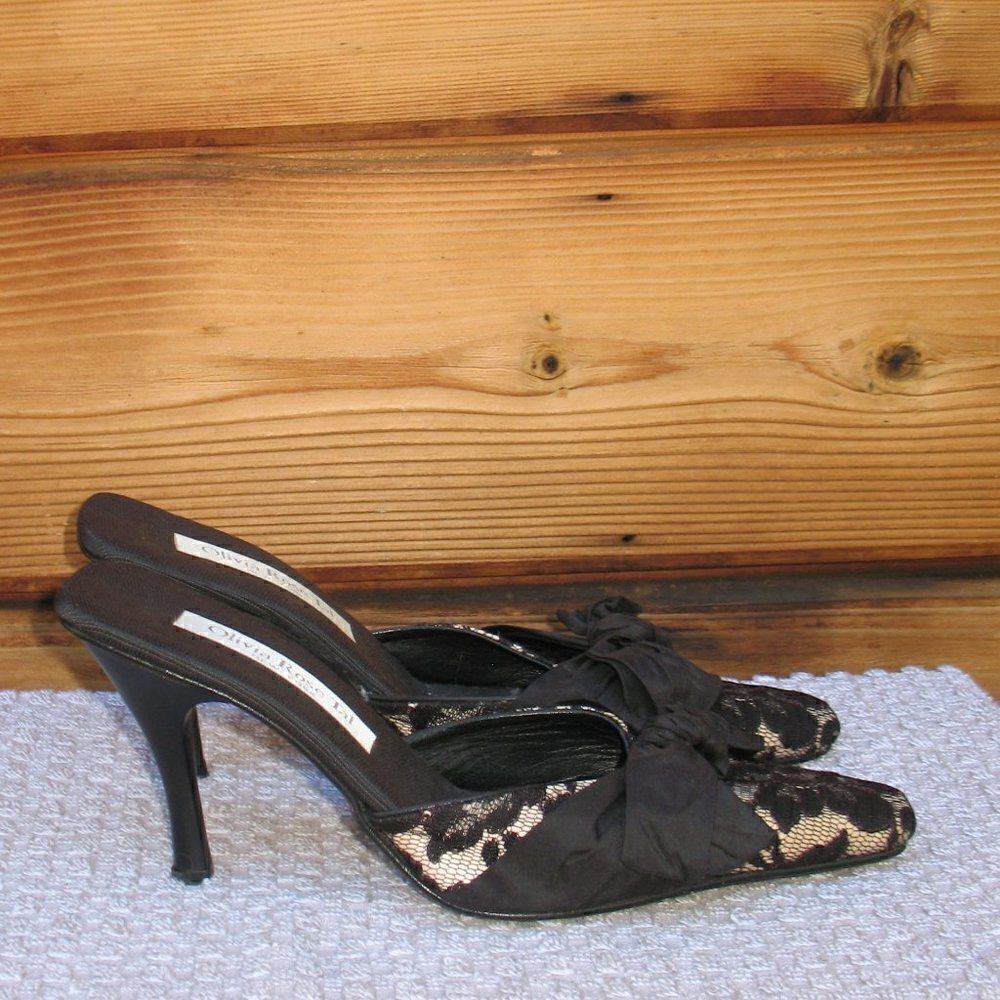 Black Lace Bow Mules Shoes Heels - Picture 2 of 8